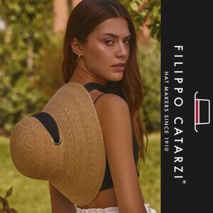 FILIPPO CATARZI Raffia Sun Hat with black ribbon -Made in Italy*NWT